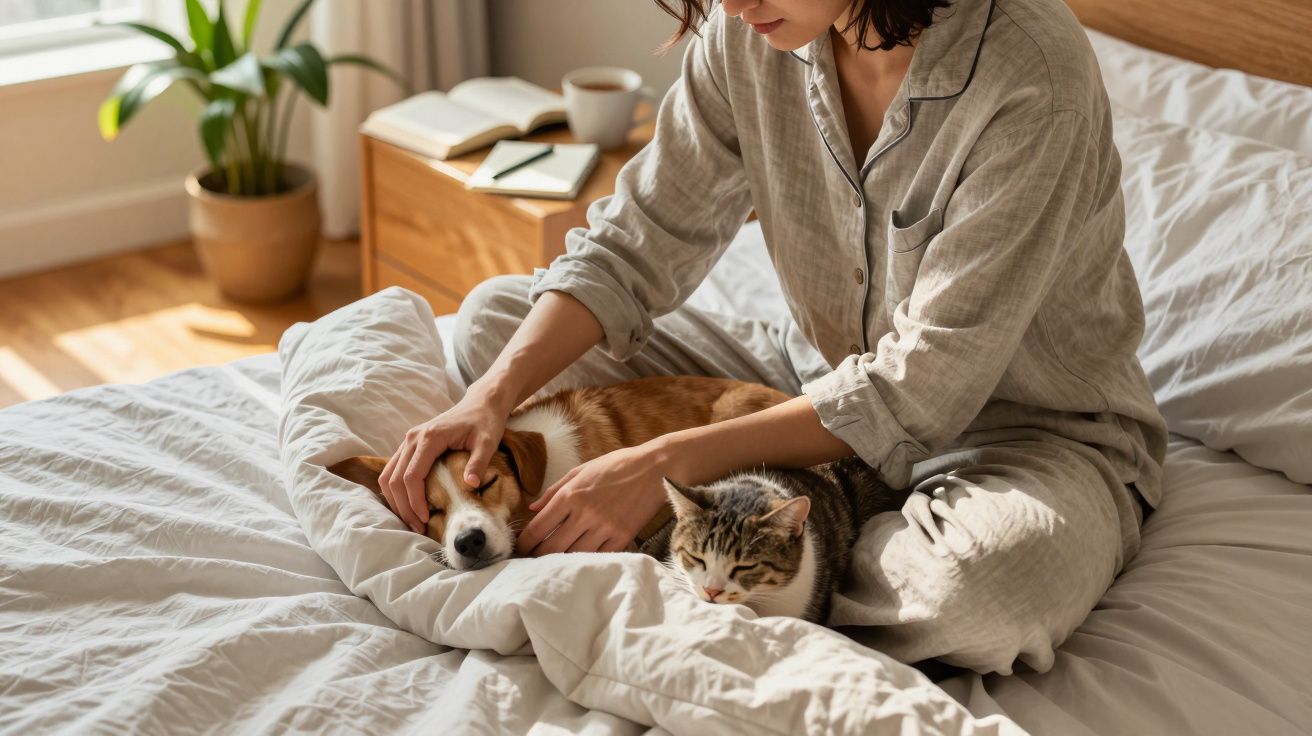 Mulher de pijama acaricia um cão e um gato num quarto ensolarado.