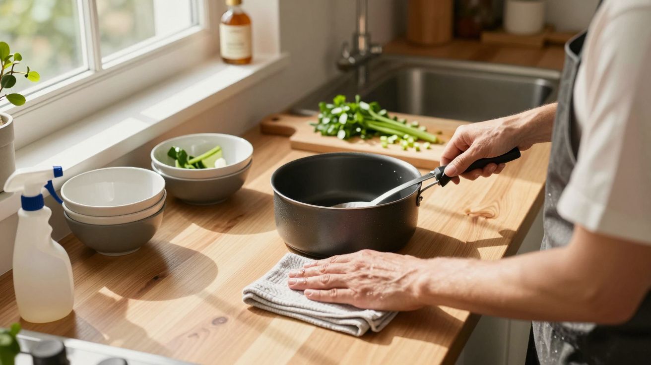 Pessoa na cozinha mexendo panela preta sobre bancada de madeira, ao lado de tigelas e ingredientes frescos.