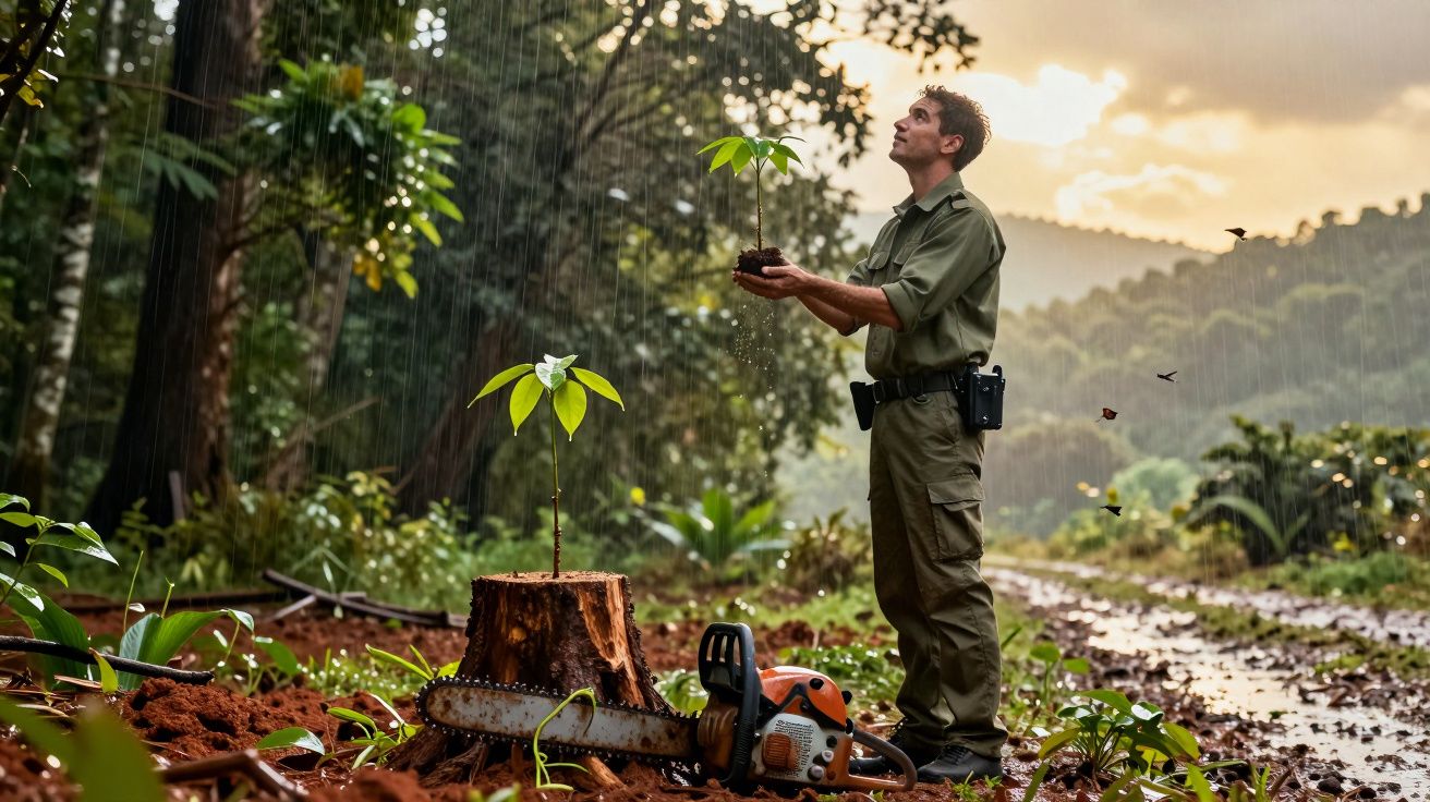 Homem em floresta segura muda ao lado de tronco cortado e motosserra em chão molhado, num cenário ao entardecer.