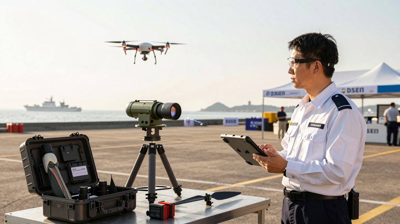 Pessoa opera drone ao lado de equipamento militar num cais, com navio ao fundo e céu claro.