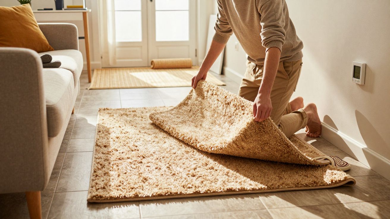 Pessoa a desenrolar um tapete felpudo bege numa sala iluminada pela luz do sol, com chão de ladrilhos cinzentos.