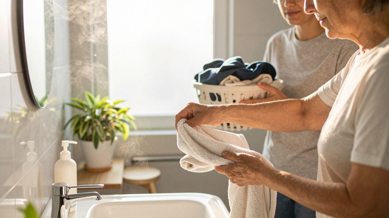 Mulher a segurar uma toalha junto a um lavatório, com outra pessoa a transportar roupa numa cesta ao fundo.