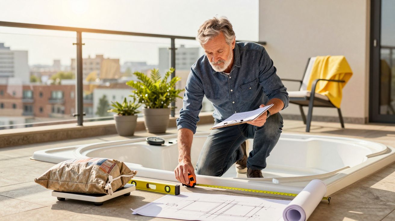 Homem de barba medindo com fita métrica, junto a plantas, planos e uma piscina num terraço urbano, sentado numa cadeira.