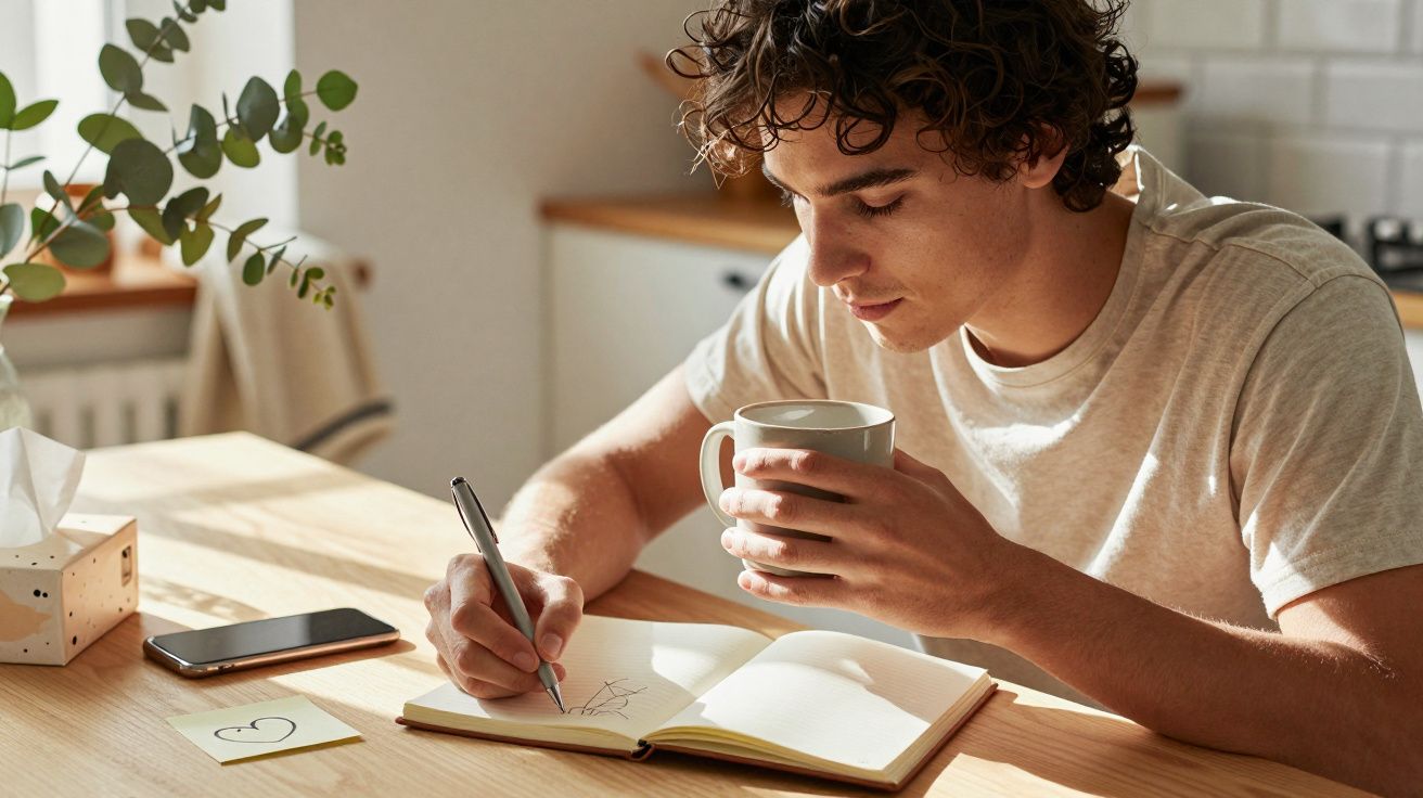 Jovem a escrever num caderno com uma caneca na mão numa cozinha, ao lado de um telemóvel e um post-it com coração.