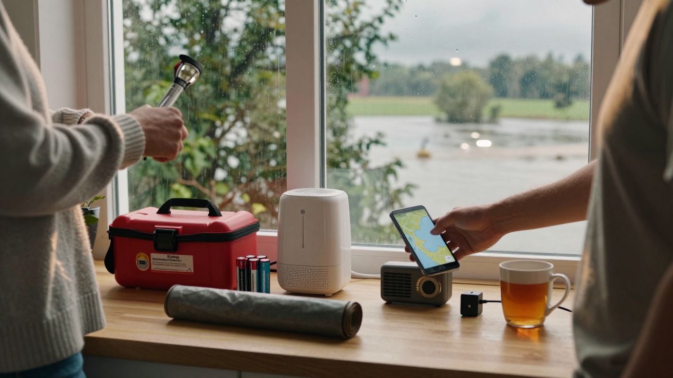 Dupla em frente à janela, com kit de emergência, chávena de chá e telemóvel. Vista de rio ao fundo.