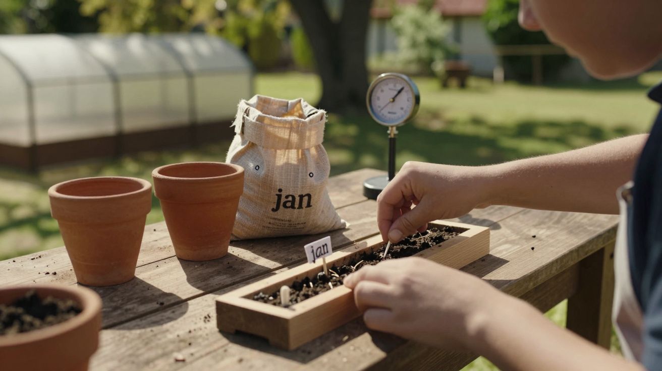 Pessoa a plantar sementes numa caixa, com vasos, saco de sementes "jan" e termómetro de solo numa mesa de madeira.