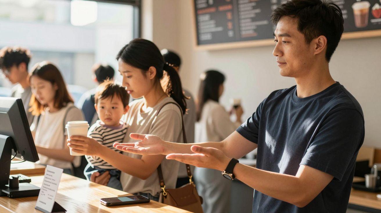 Homem num café gesticula enquanto uma mulher com criança ao colo aguarda no balcão para pedir.
