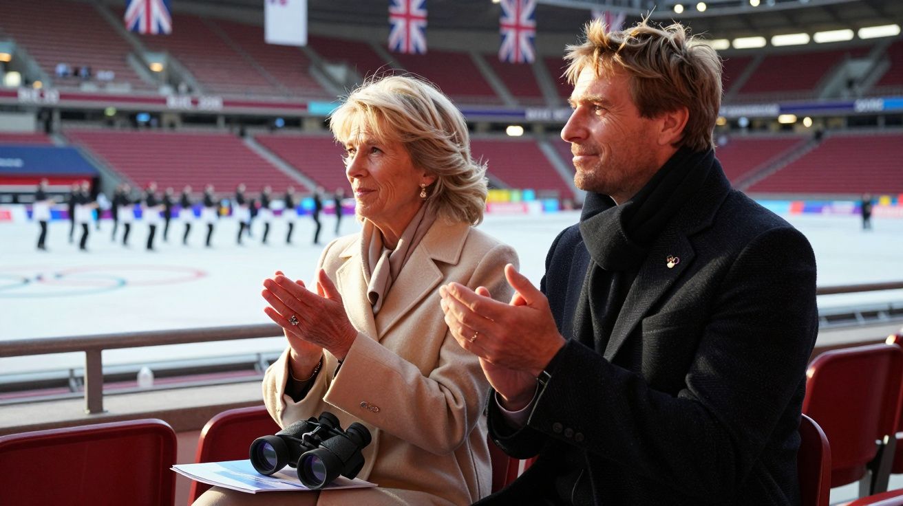 Duas pessoas aplaudem num estádio coberto de gelo, com bandeiras britânicas ao fundo.