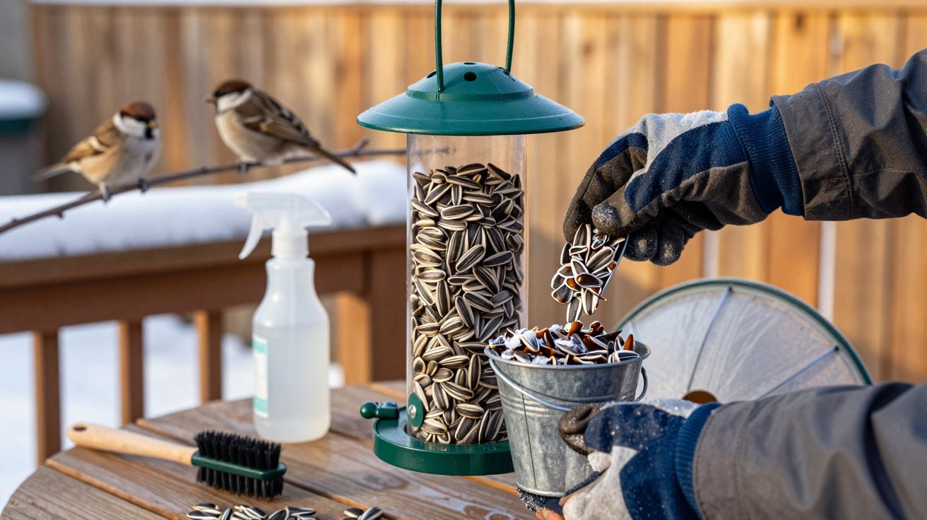 Duas aves observam enquanto uma pessoa enche um comedouro de sementes de girassol numa varanda com neve.