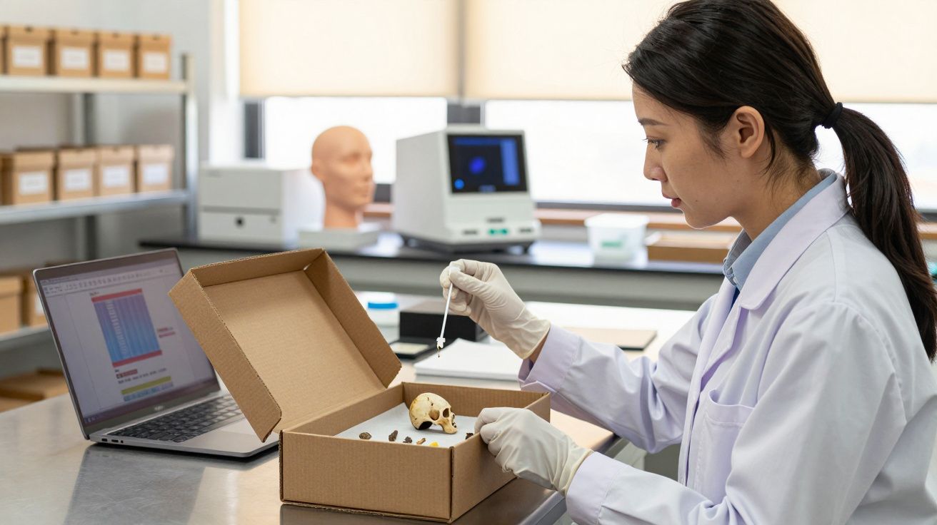 Cientista em laboratório analisa crânio em caixa com laptop aberto ao lado.