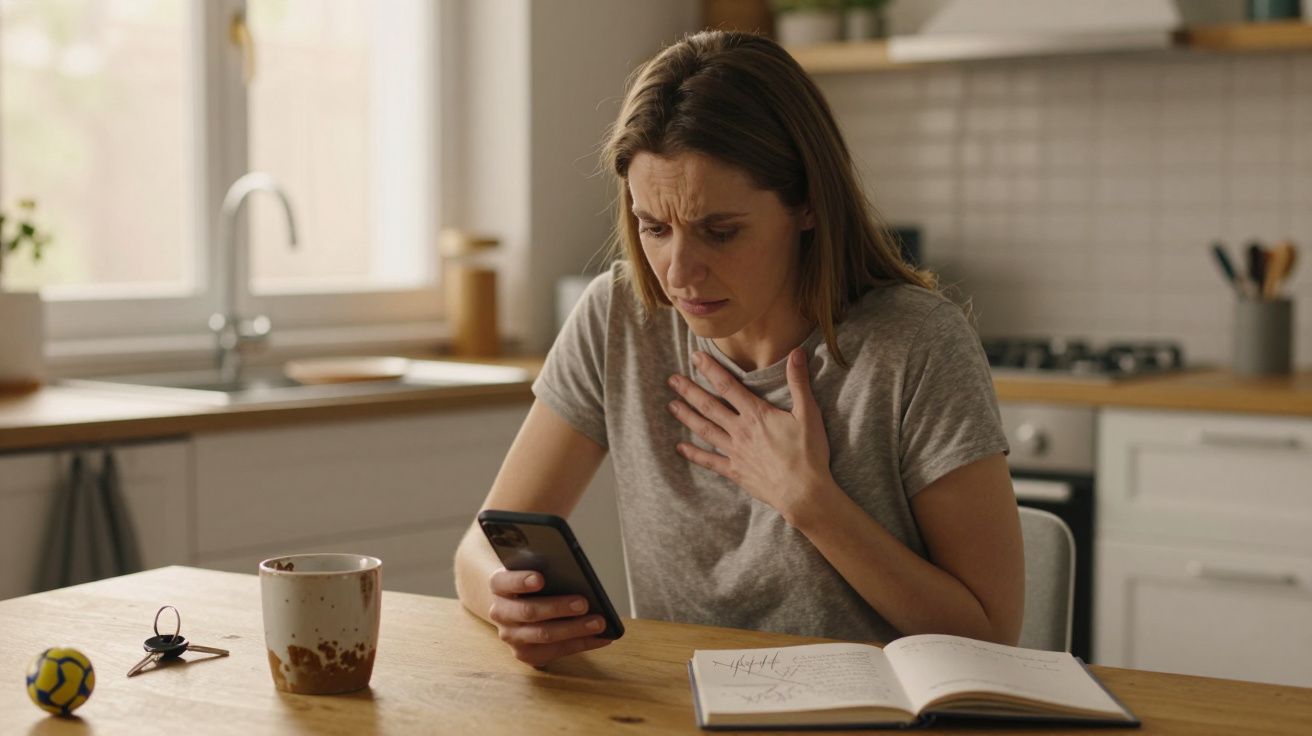 Mulher preocupada olha para o telemóvel com a mão no peito, sentada à mesa da cozinha com um caderno aberto.