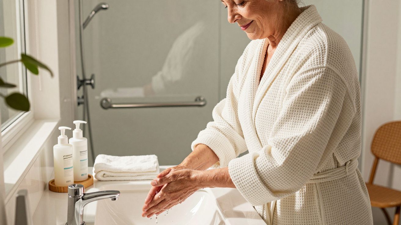 Mulher madura lavando as mãos numa casa de banho bem iluminada com toalhas e produtos de cuidados ao lado da pia.