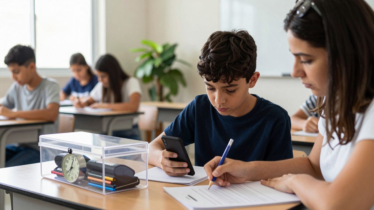 Aluno numa sala de aula, concentrado no telemóvel e caderno, com colegas ao fundo e relógio sobre a mesa.
