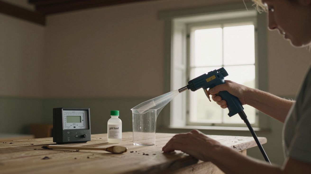 Pessoa segura pistola de ar quente sobre copo. Medidor e produto de teste de pH estão em cima da mesa de madeira.