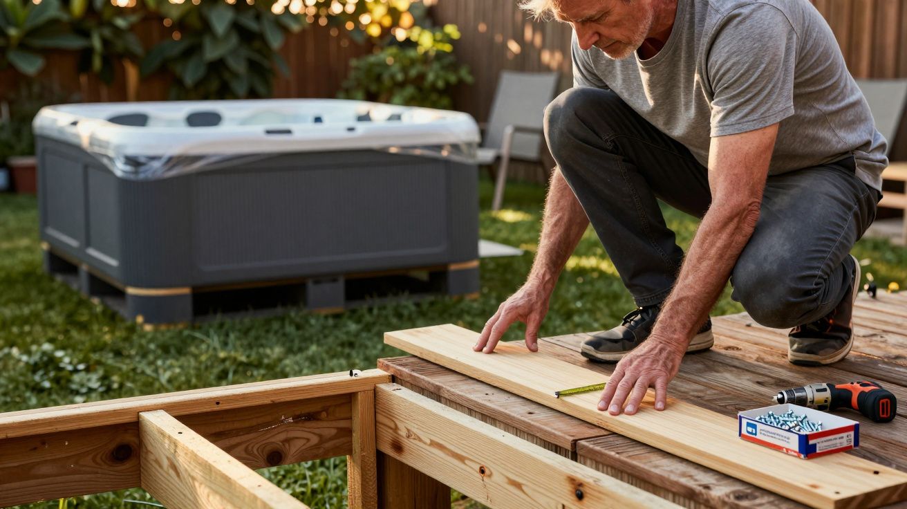 Homem a construir deck de madeira num jardim com uma banheira de hidromassagem ao fundo.
