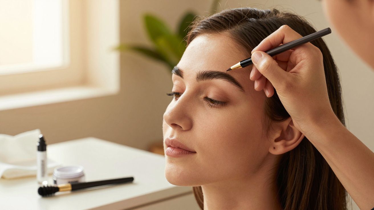 Mulher recebe maquilhagem nas sobrancelhas, com utensílios de beleza ao fundo.