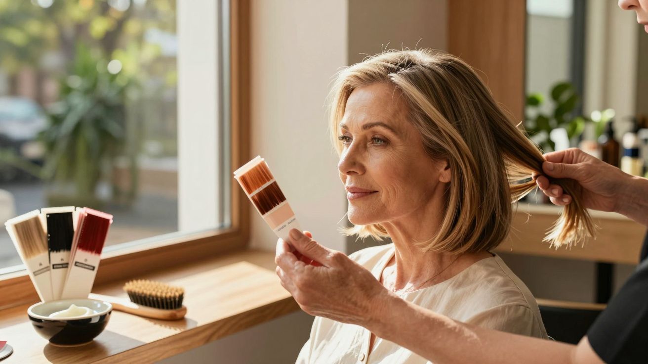 Mulher loira no salão, segurando amostra de cor de cabelo enquanto cabeleireiro avalia mecha ao lado da janela.
