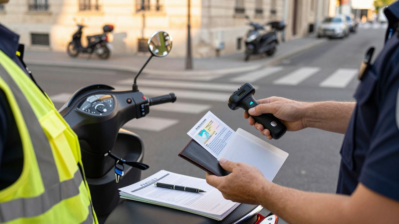 Polícia verifica documentos de identidade de um motociclista numa rua urbana com scooters estacionadas.