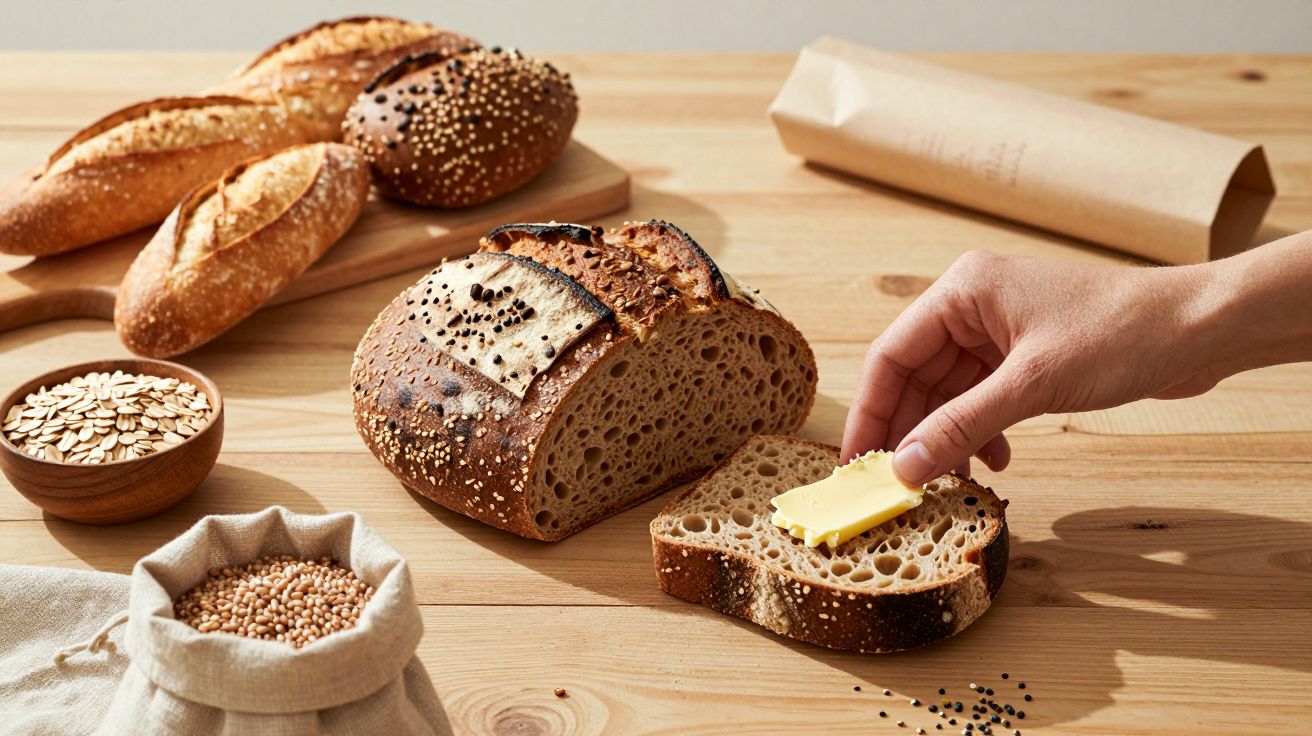 Mão colocando manteiga numa fatia de pão artesanal com sementes sobre uma mesa de madeira, pães e grãos ao redor.