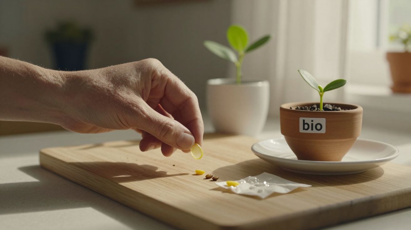 Mão escolhendo sementes em tábua de madeira, vaso com planta e etiqueta "bio" ao fundo.